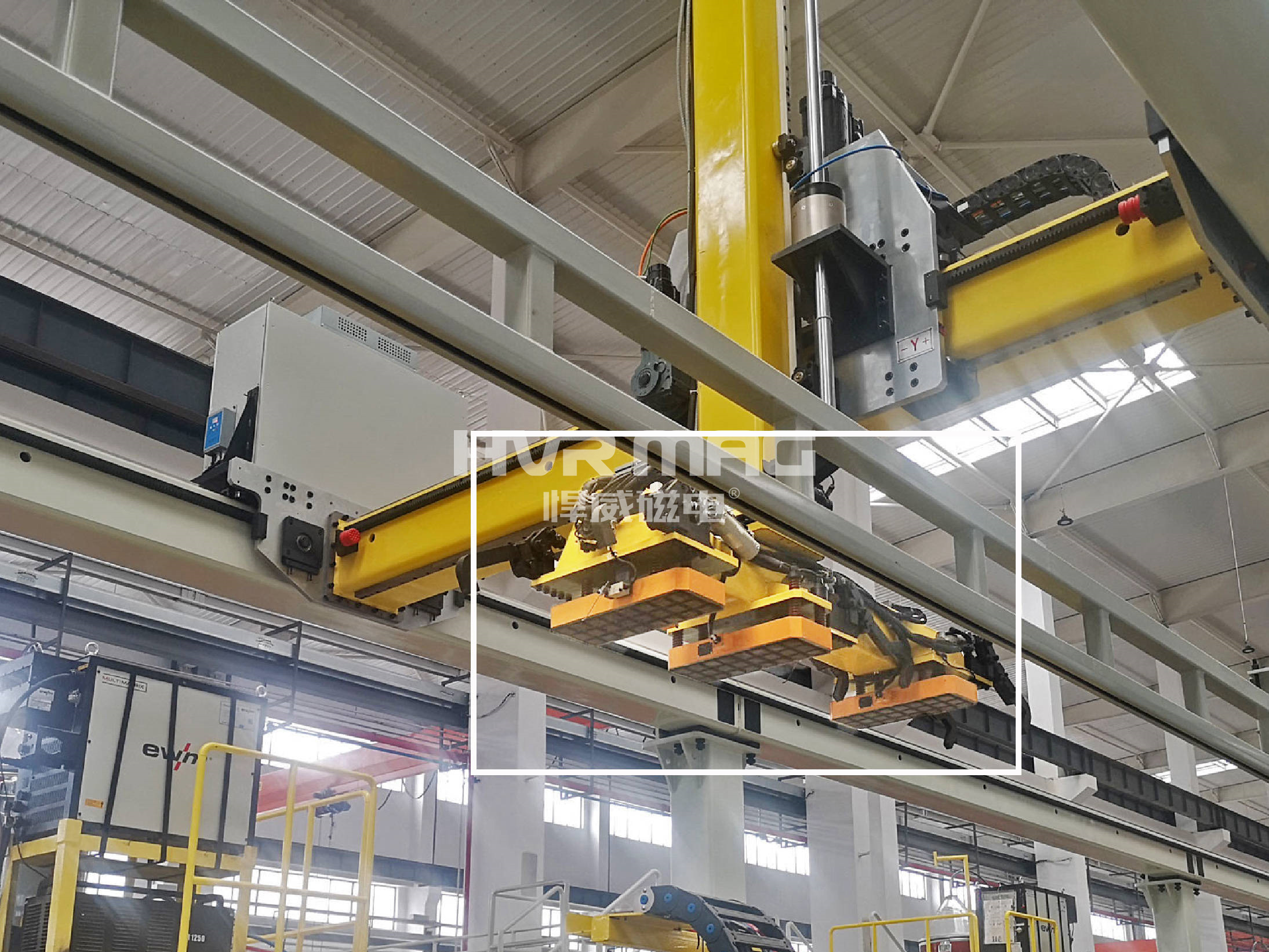 電永磁鐵自動化搬運鋼管，桁架機器人上下料 